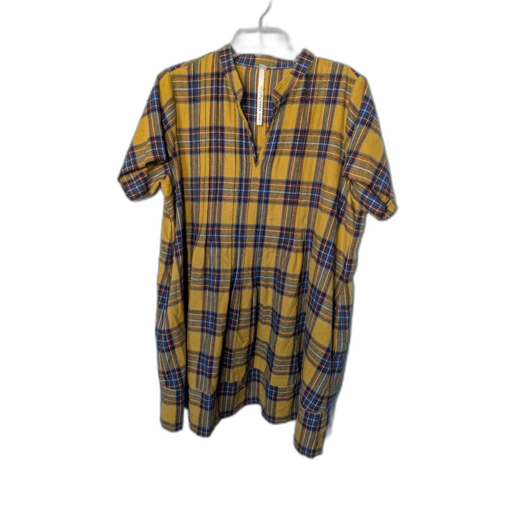 Uncle Frank Mustard Yellow Plaid Pintuck Tunic Dress Pockets